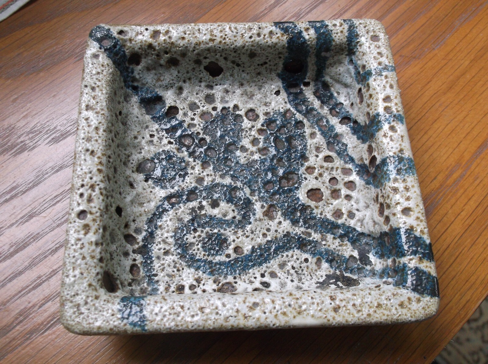 Lapid Israel Pottery Dish Lava Glazed Signed 5.25 x 5.25 in. MCM Mod Art Earthy