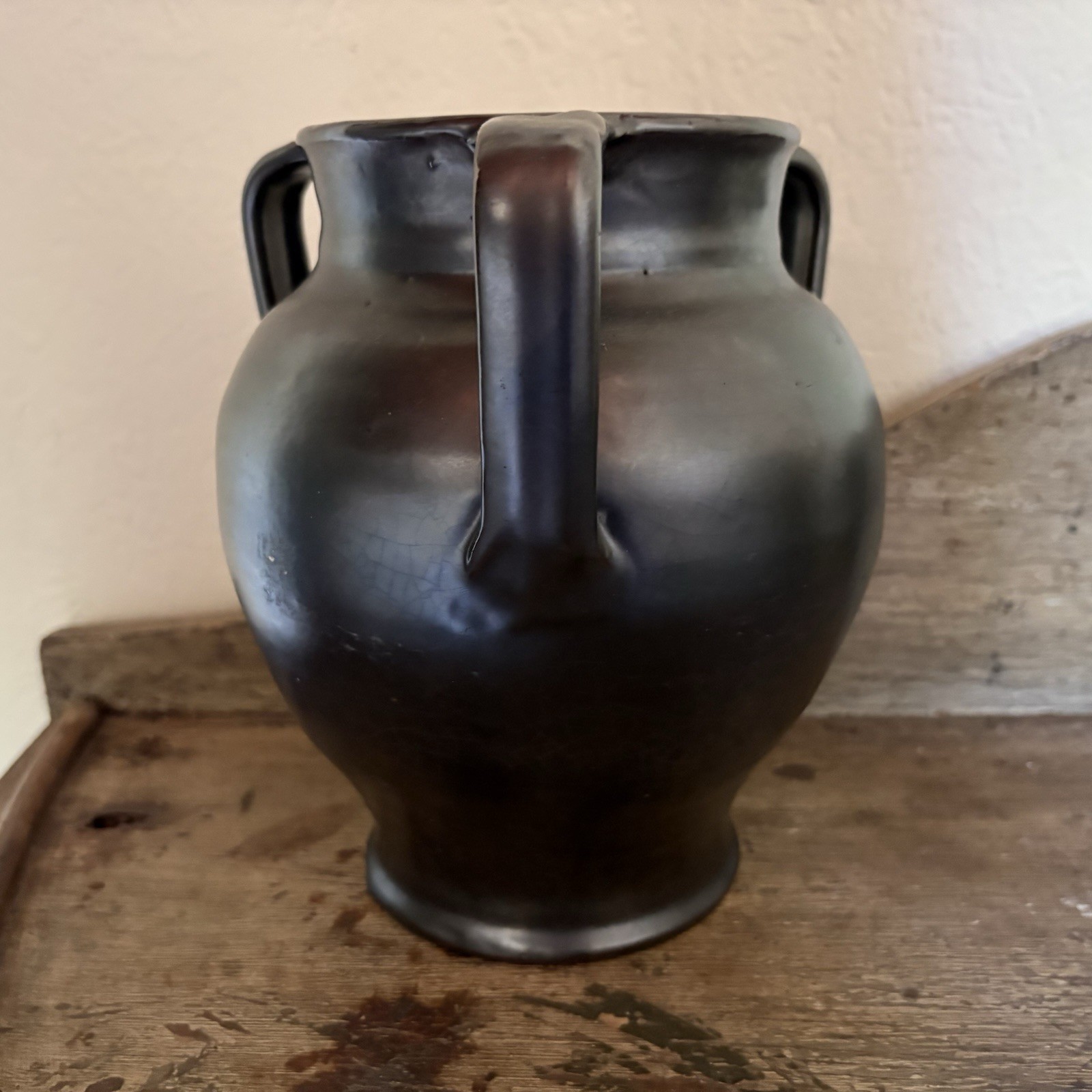 Vintage 1930s North Carolina Pottery Gunmetal Glaze Three Handles