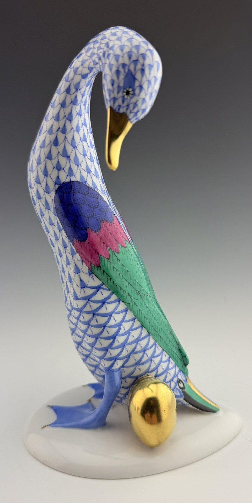🦋 HEREND 7.5” Goose with a Golden Egg Blue Fishnet Bird Figurine