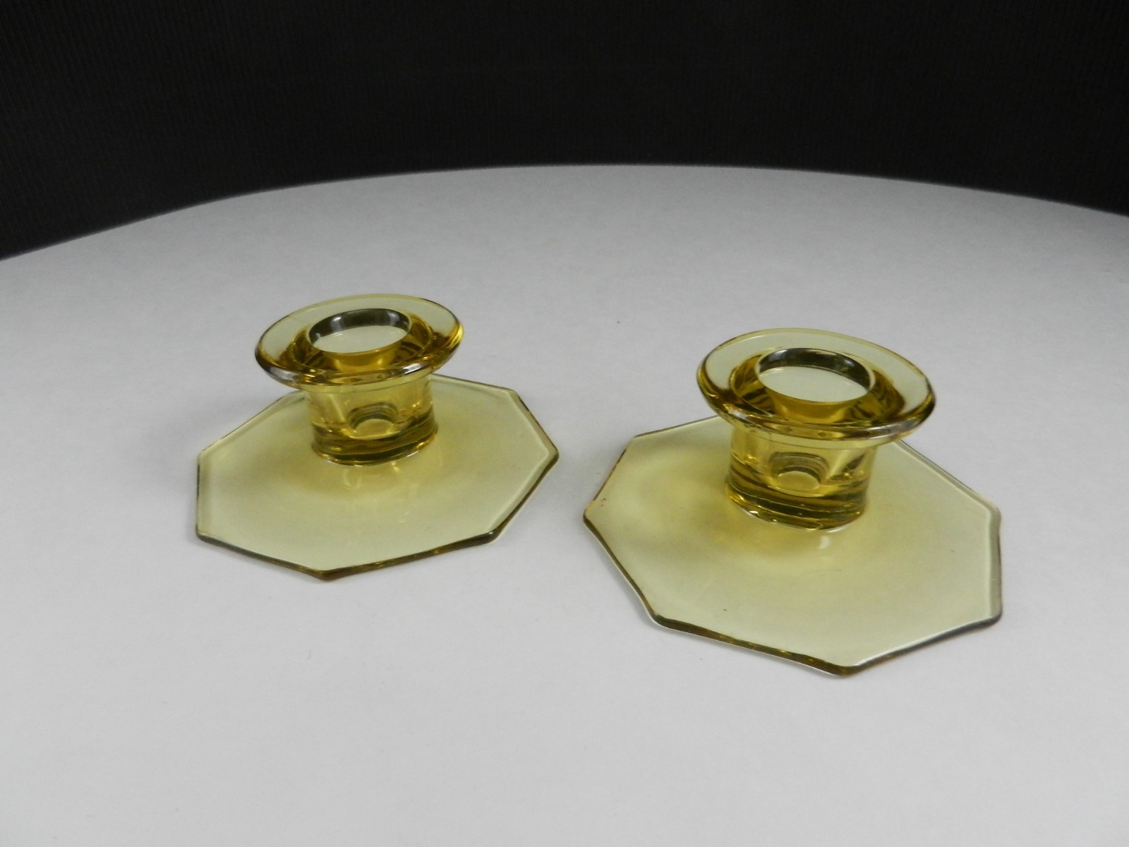 US Glass (Tiffin) #94 Octagonal Base Low Candleholder 2 Citrine 3 5/8″ D ca1920s