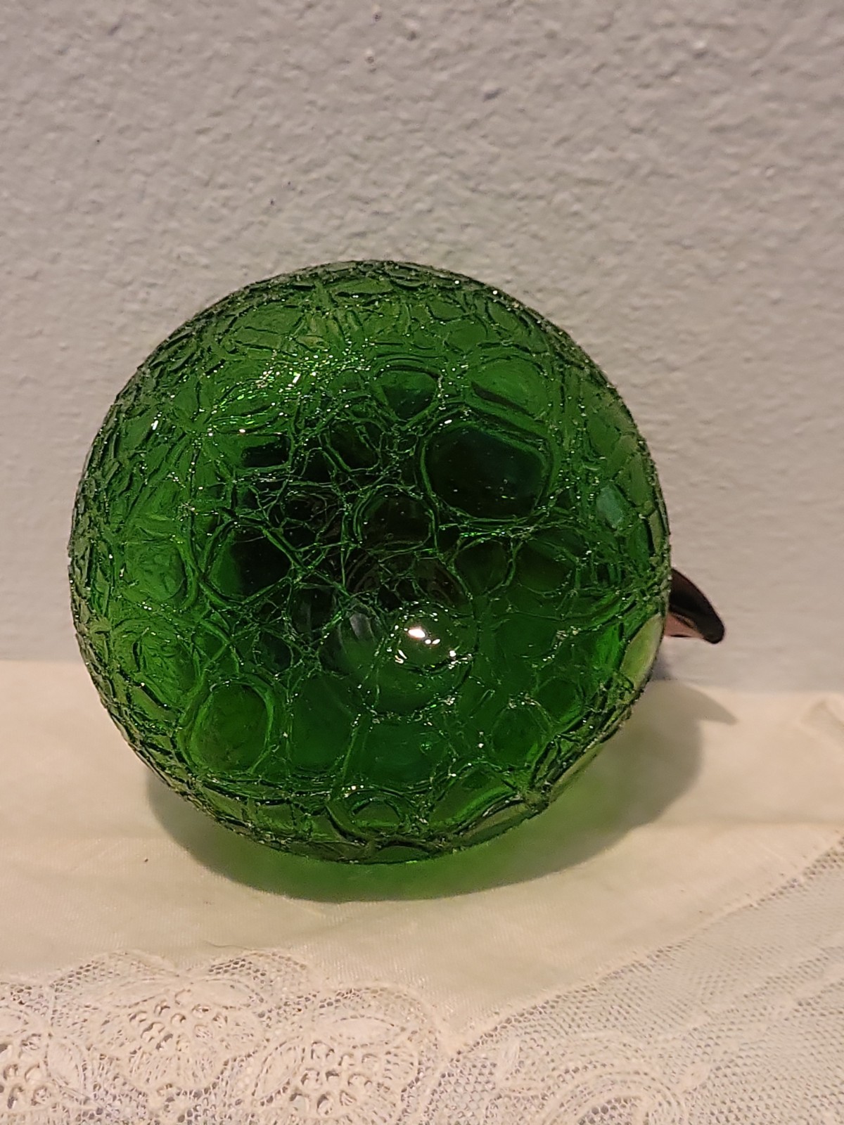 Vintage Crackle Art Glass Fruit Green Glass Apple Hand Blown 4.5 inches W/ Leaf