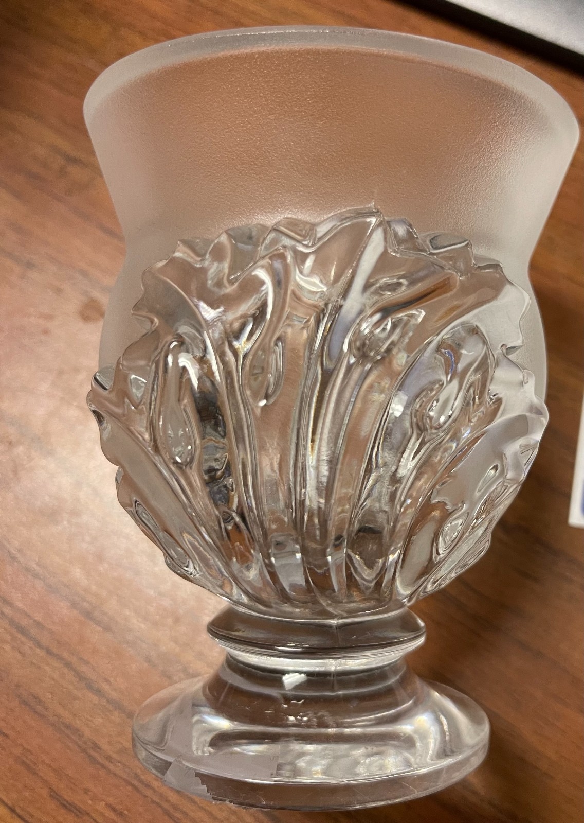 Lalique France Signed St Cloud Acanthus Leaf Frosted Crystal Footed Vase (Read)