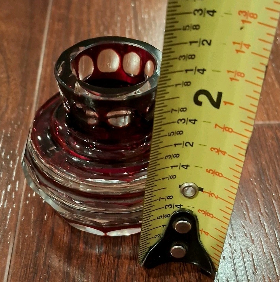 Beautiful Vintage Faceted Inkwell 2 Piece Top Clear Glass Dome Bottom Ruby Color