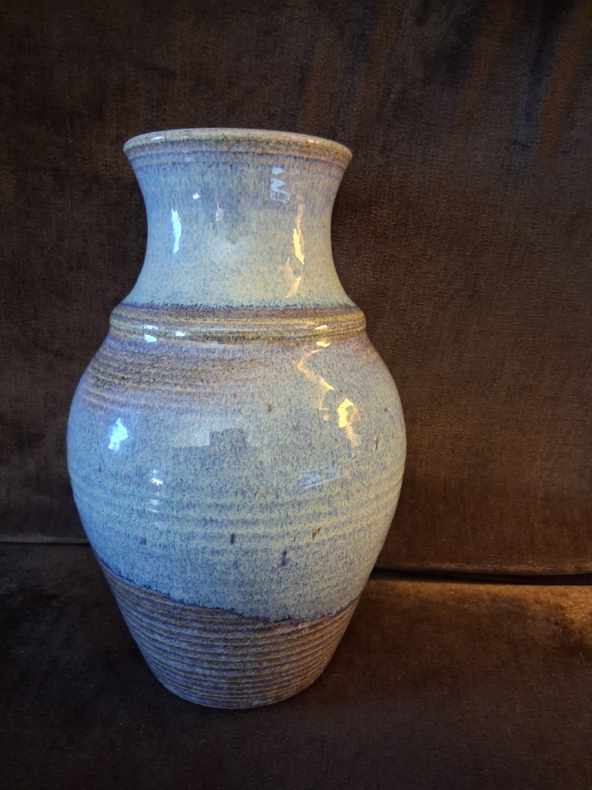 Ceramic Vase by Candoza, Blue and Gray, Glazed 9.5 inches Tall, Signed.