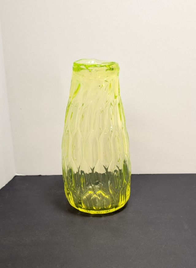 Vintage Bohemian Vaseline Glass Yellow Green Diamond Optic Uranium Ewer Vase