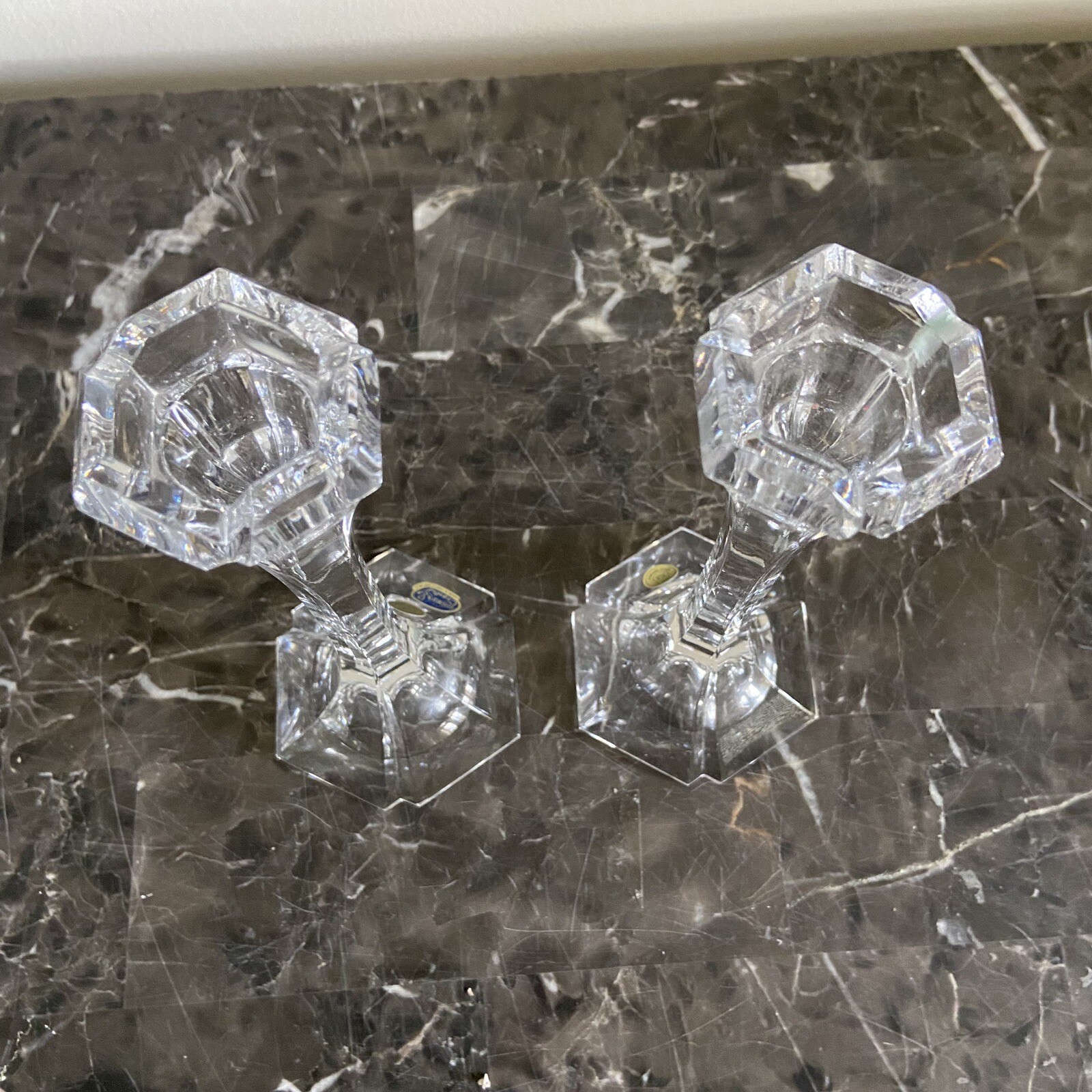 Crystal Candle Holders Czech Bohemian 8 1/8” Pair Hand Cut 24% PBO