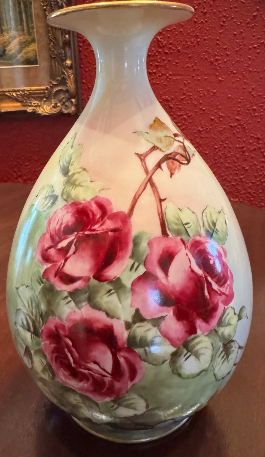 1894-1906 Gorgeous Large 10 1/4” American Belleek Vase Roses & Gold