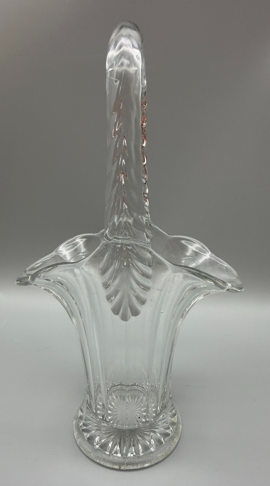 Vintage Clear Glass Ruffled Basket With Handle Decorative Centerpiece Vase 8″ T