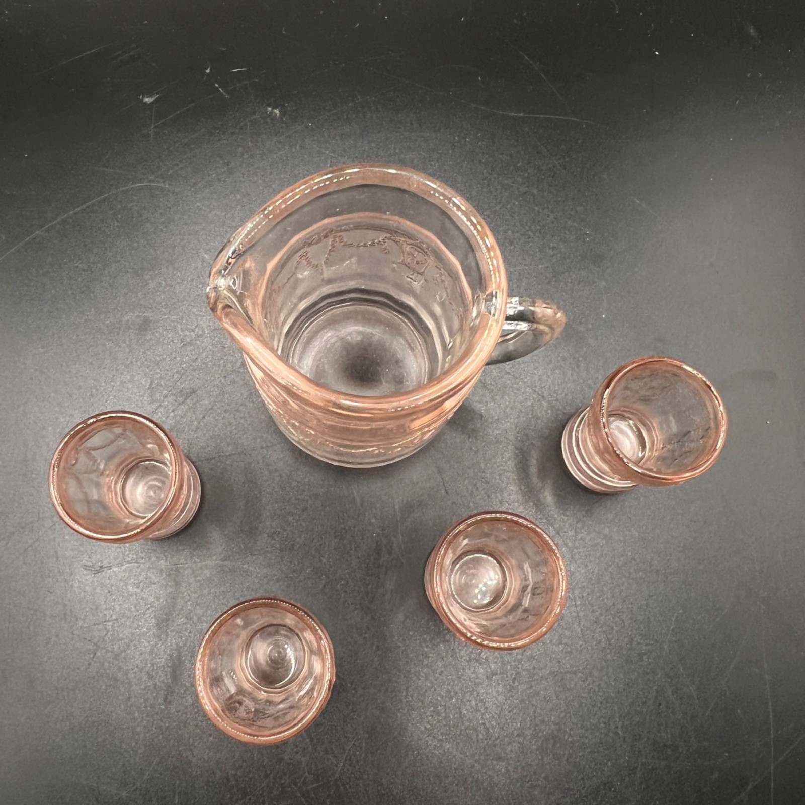 Pink Mosser Glass Miniature Pitcher & 4 Glasses Jennifer Set #11 Vintage Boxed