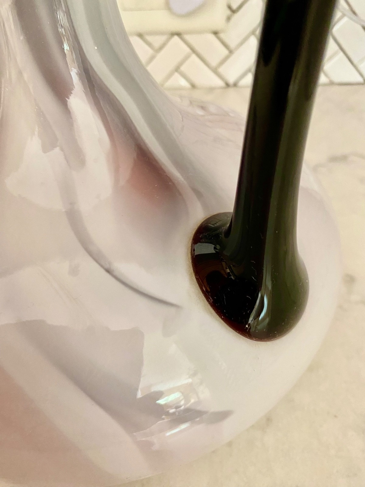 60s Art Glass Pitcher Vase Amethyst White Lavender w/ Handle Hand Blown 12.5″