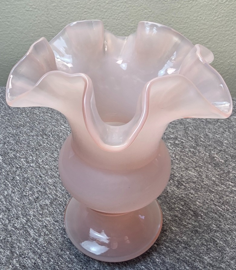 Vintage Fenton Pink Peach Crest Ruffled Crimped Clear Glass Edge Vase *Read