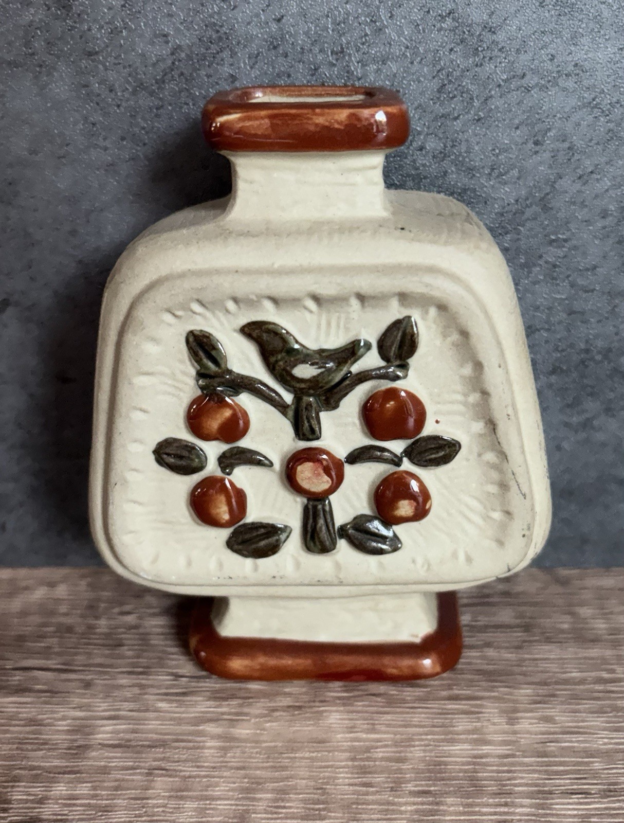 Vintage Takahashi Stoneware Bud Vase, Beige/Brown/Green, Bird Fruit, 4in