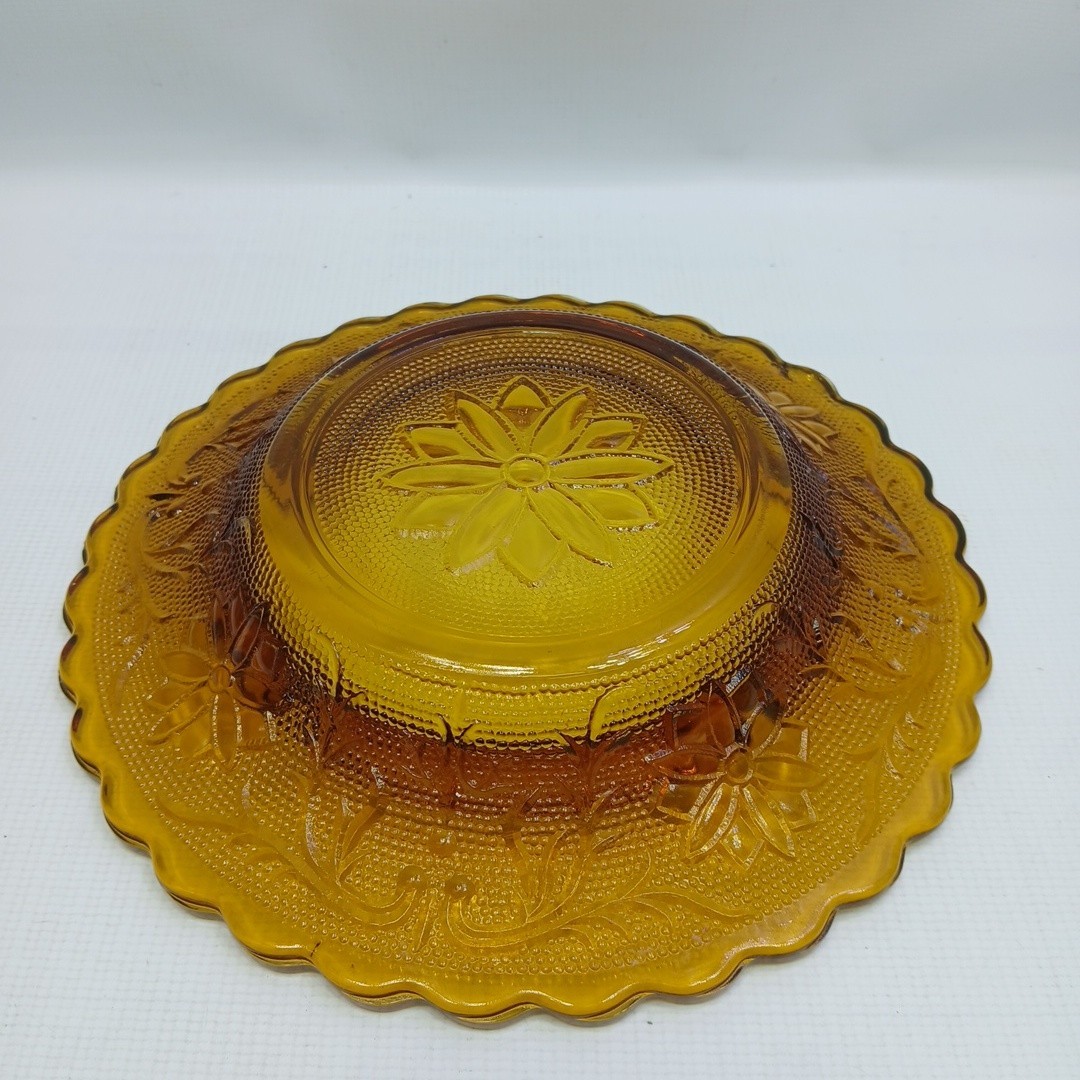 Vintage Ashtray Tiara Indiana Sandwich Glass Amber 7 1/2” Floral Accents