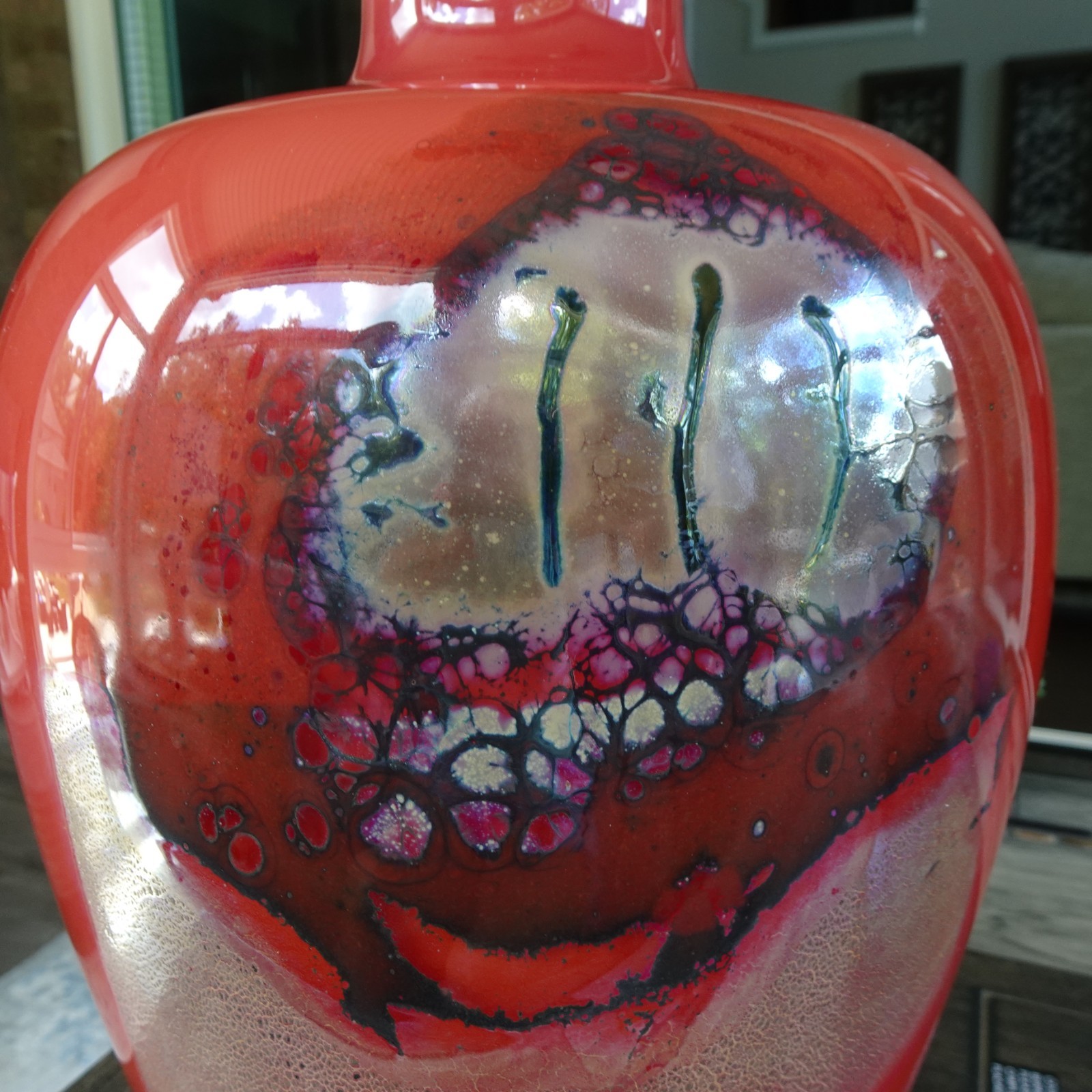15″ LARGE Signed Randi Solin Red Metallic Fine Studio Art Glass Vase Vessel