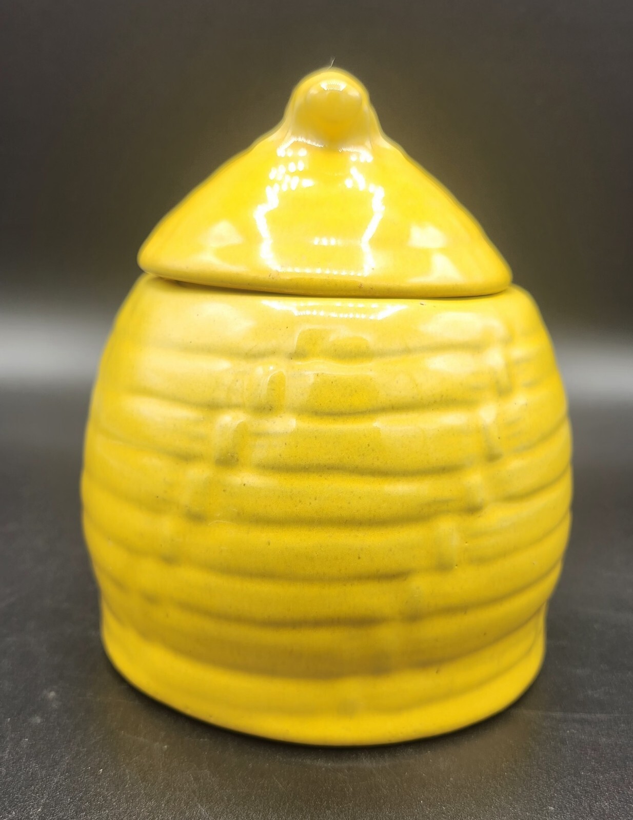 Vintage FRANKOMA POTTERY 803 Honey Jug Beehive Yellow Glaze W/Bee Lid, 12oz, USA