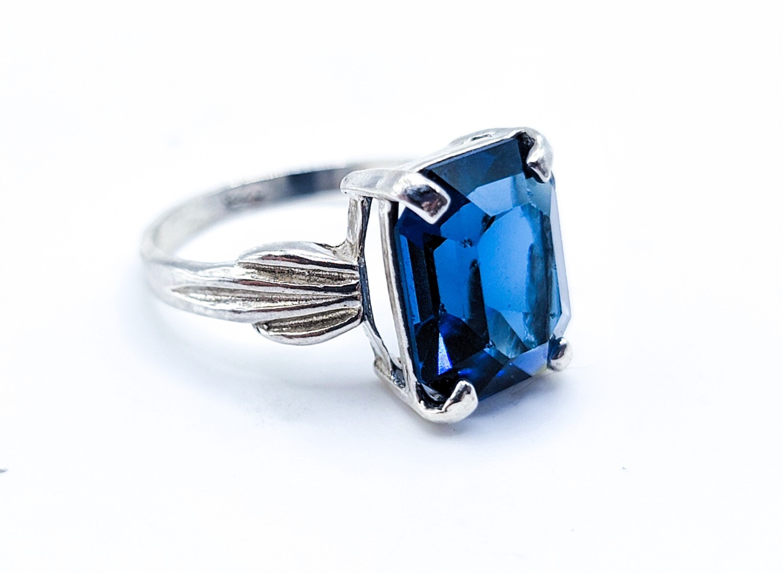 Sterling Blue Uranium Glass Ring Rare Sapphire Color Emerald Cut 925 Silver