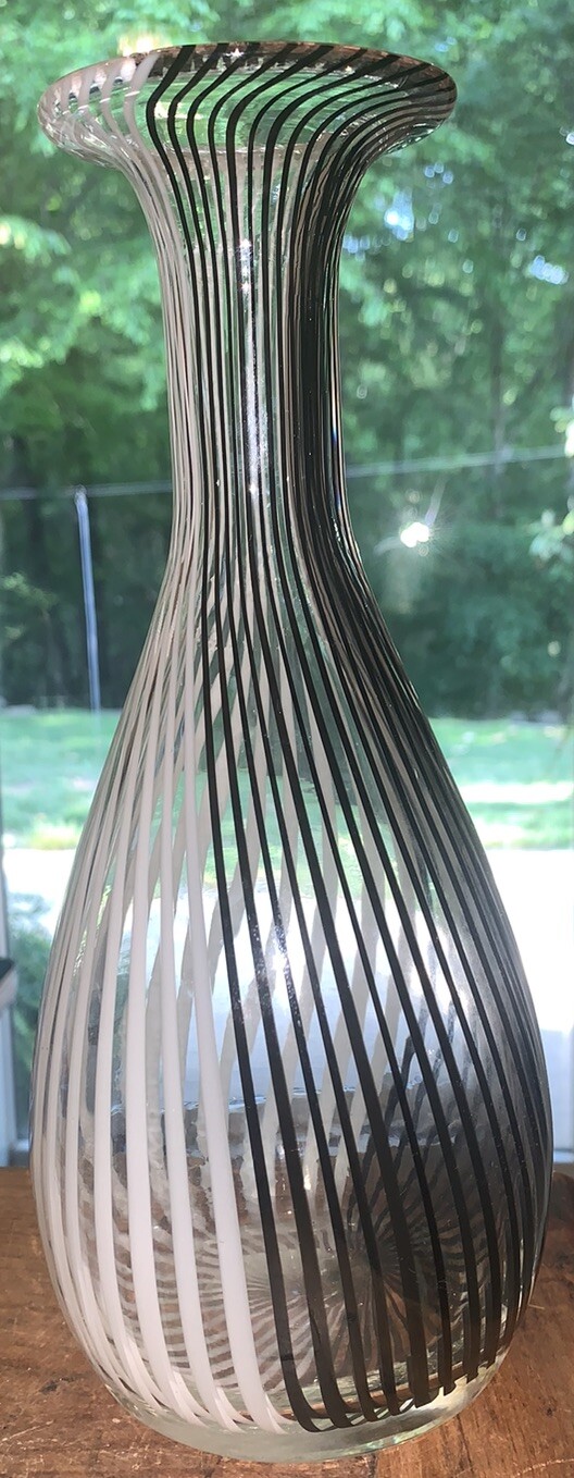 Modern Art Blown Glass Vase Black White Clear Murano Style 10.5”T 4.25”Diam Body