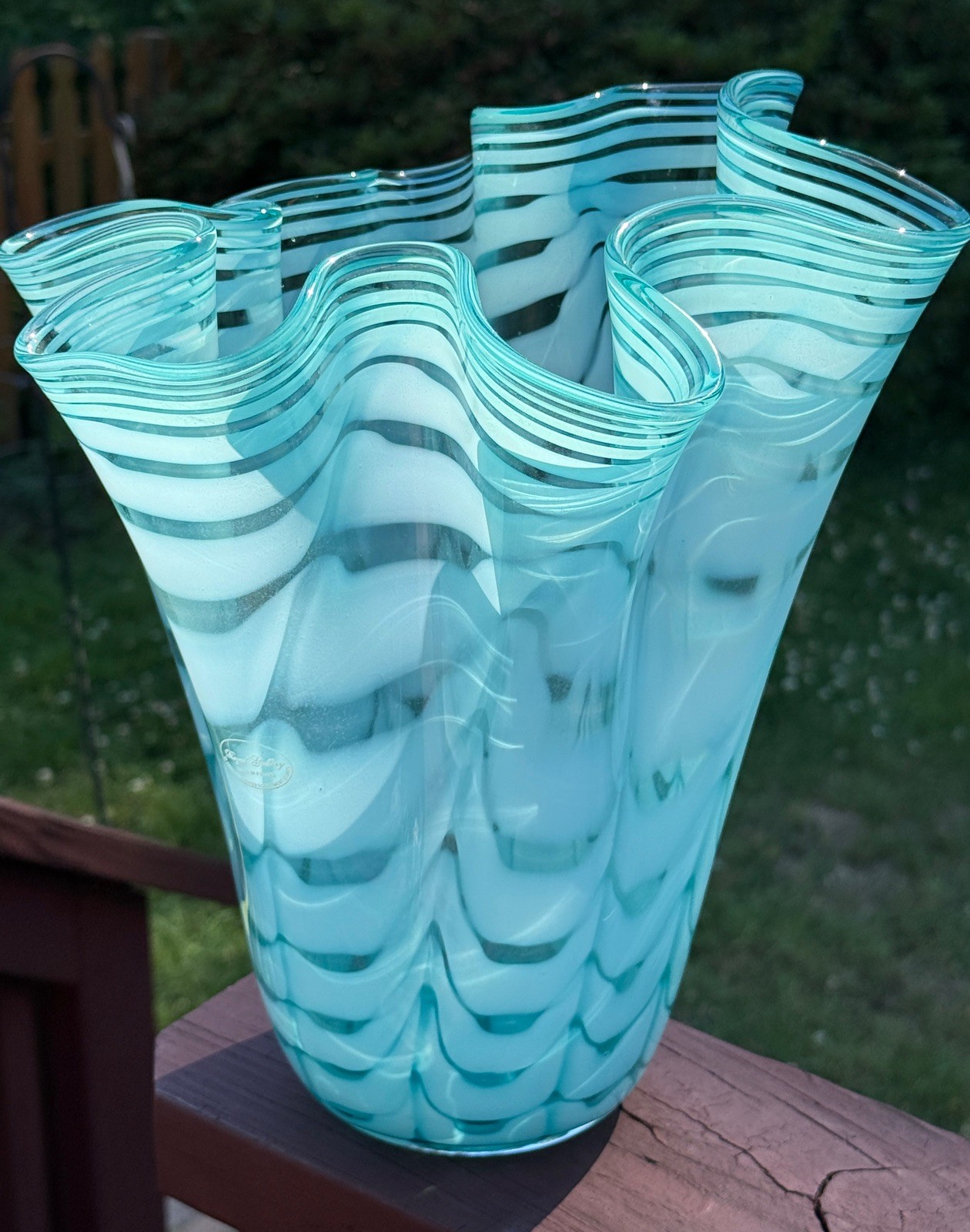 Royal Gallery Turquoise Hand Blown Opalescent Art Glass Handkerchief Vase Poland