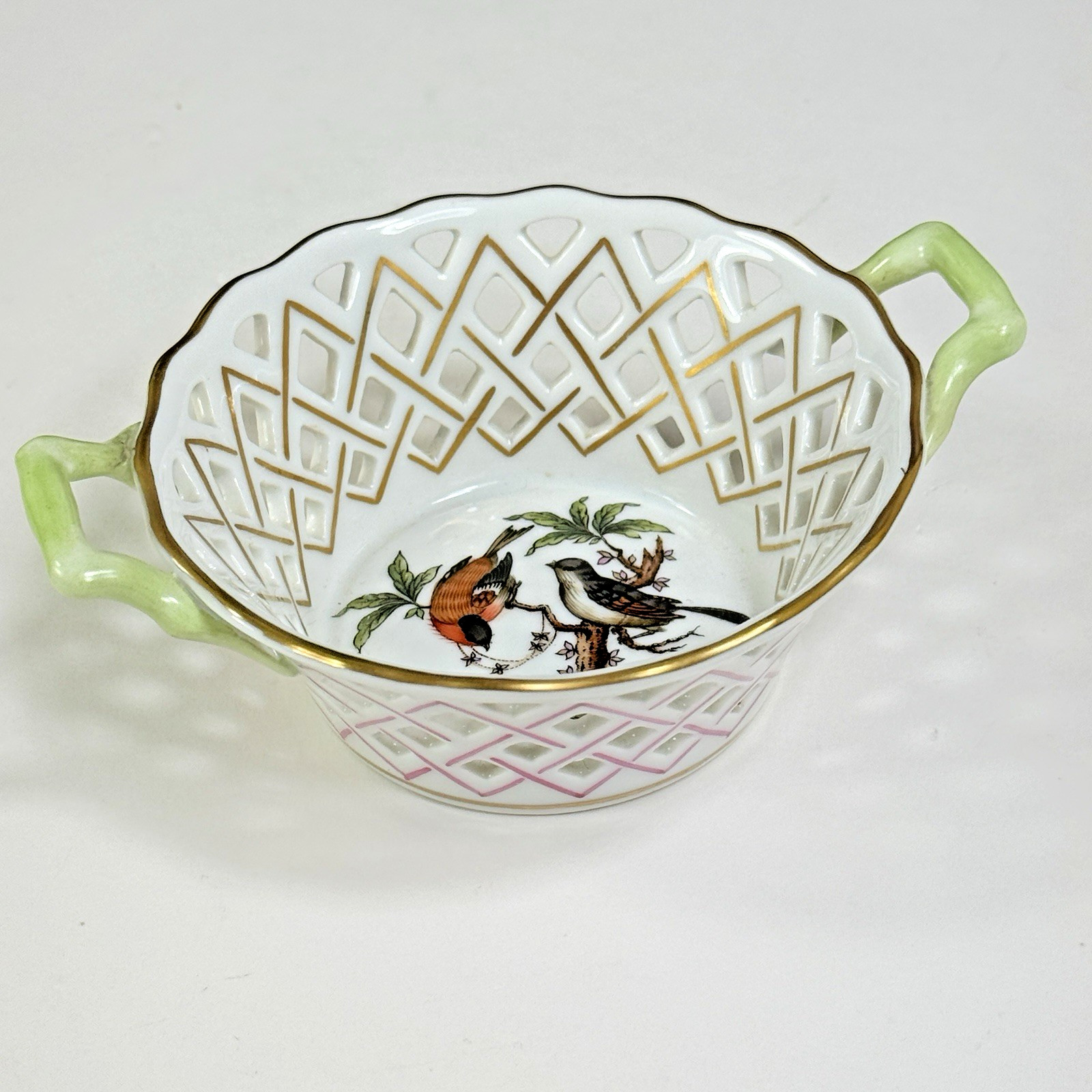 Herend Rothschild Bird Round Open Reticulated Small Basket With Handles 7413/RO