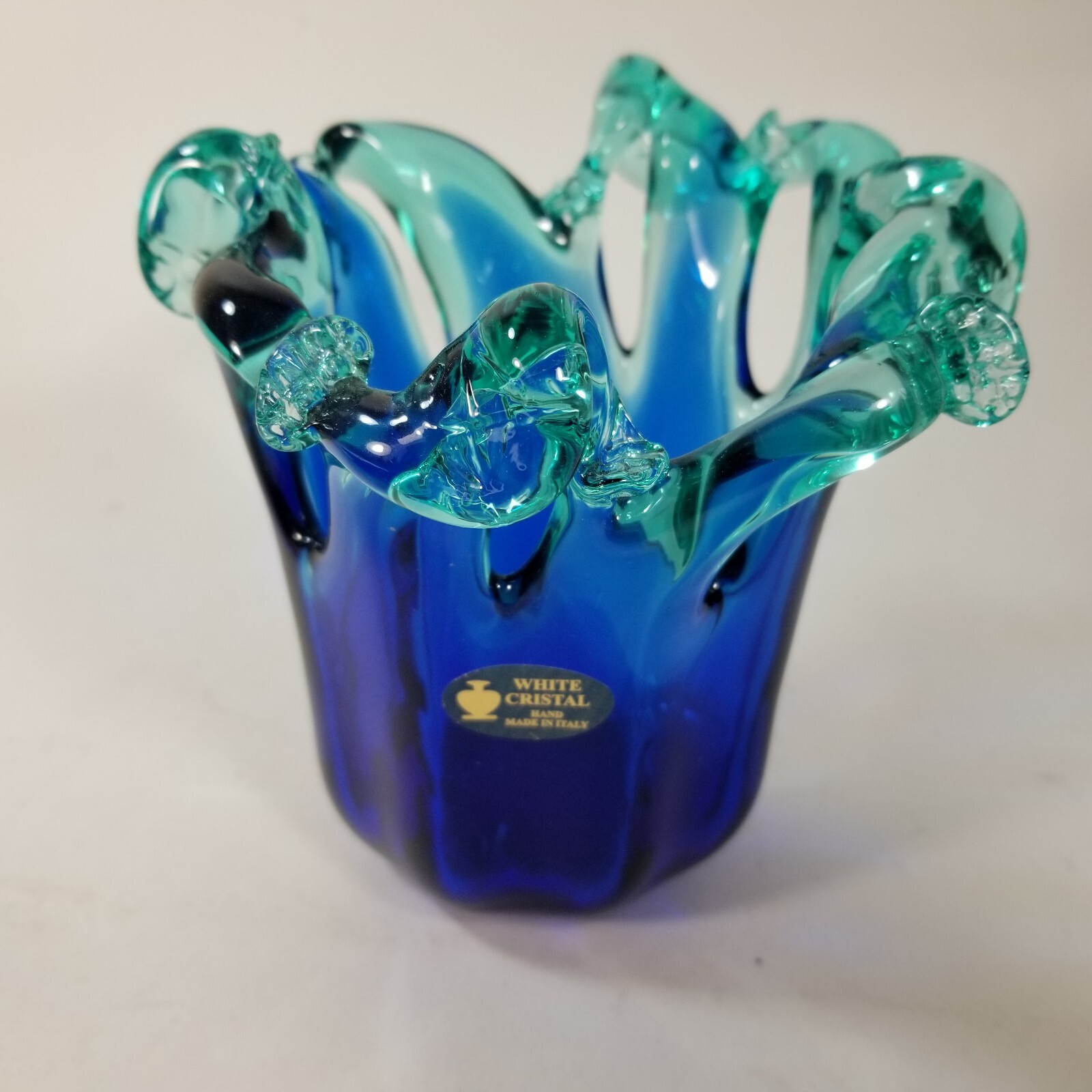 Hand blown art glass MURANO Style White Crystal cobalt blue and Turquoise Vase
