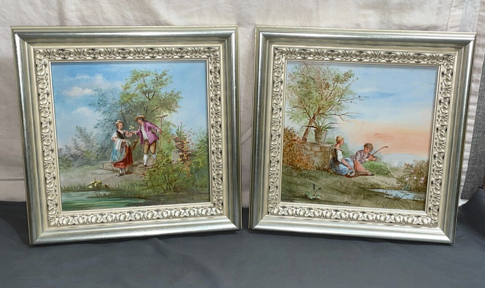 2 Antique hand painted Continental porcelain 8×8 TILE PLAQUE Victorian Romance