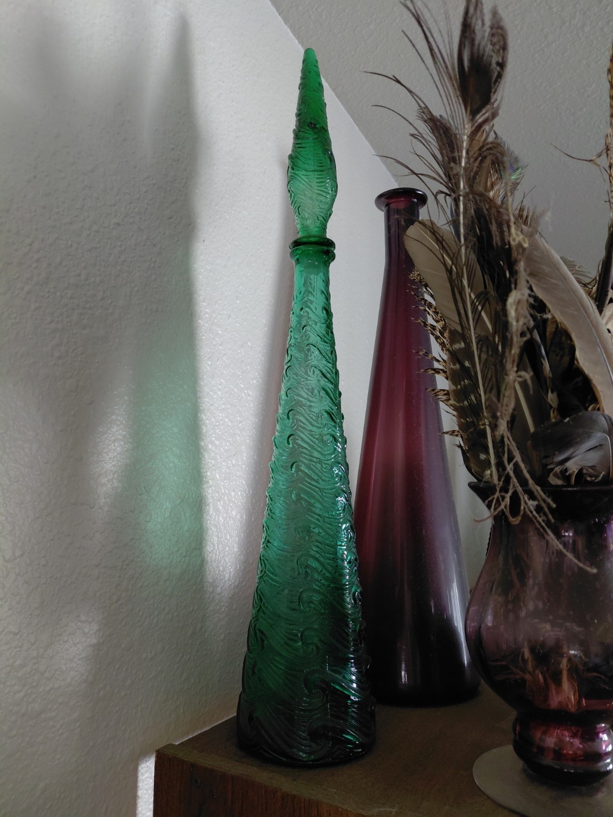 Mid Century MODER Green Textured Swirl Italian Art Glass Decorative Bottle
