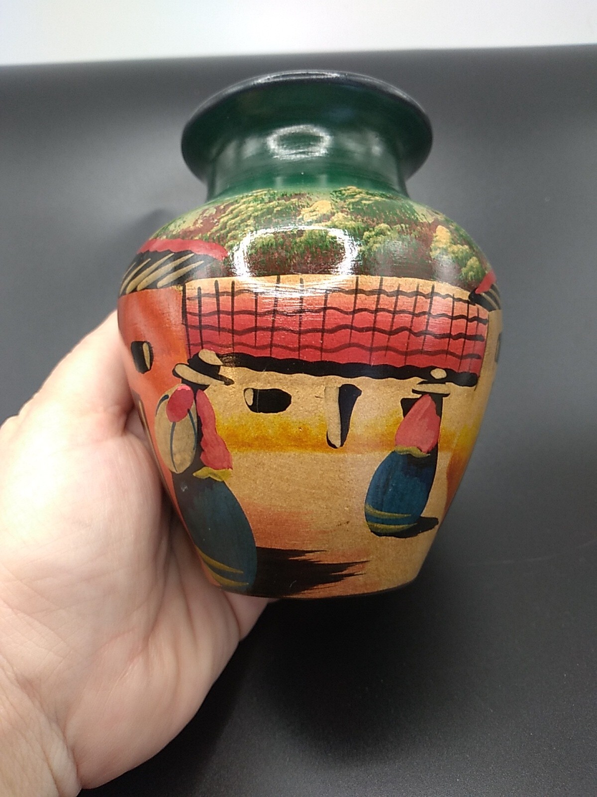 Small Pottery Vase Made In Peru Handpainted Signed Nina 4.75 in tall