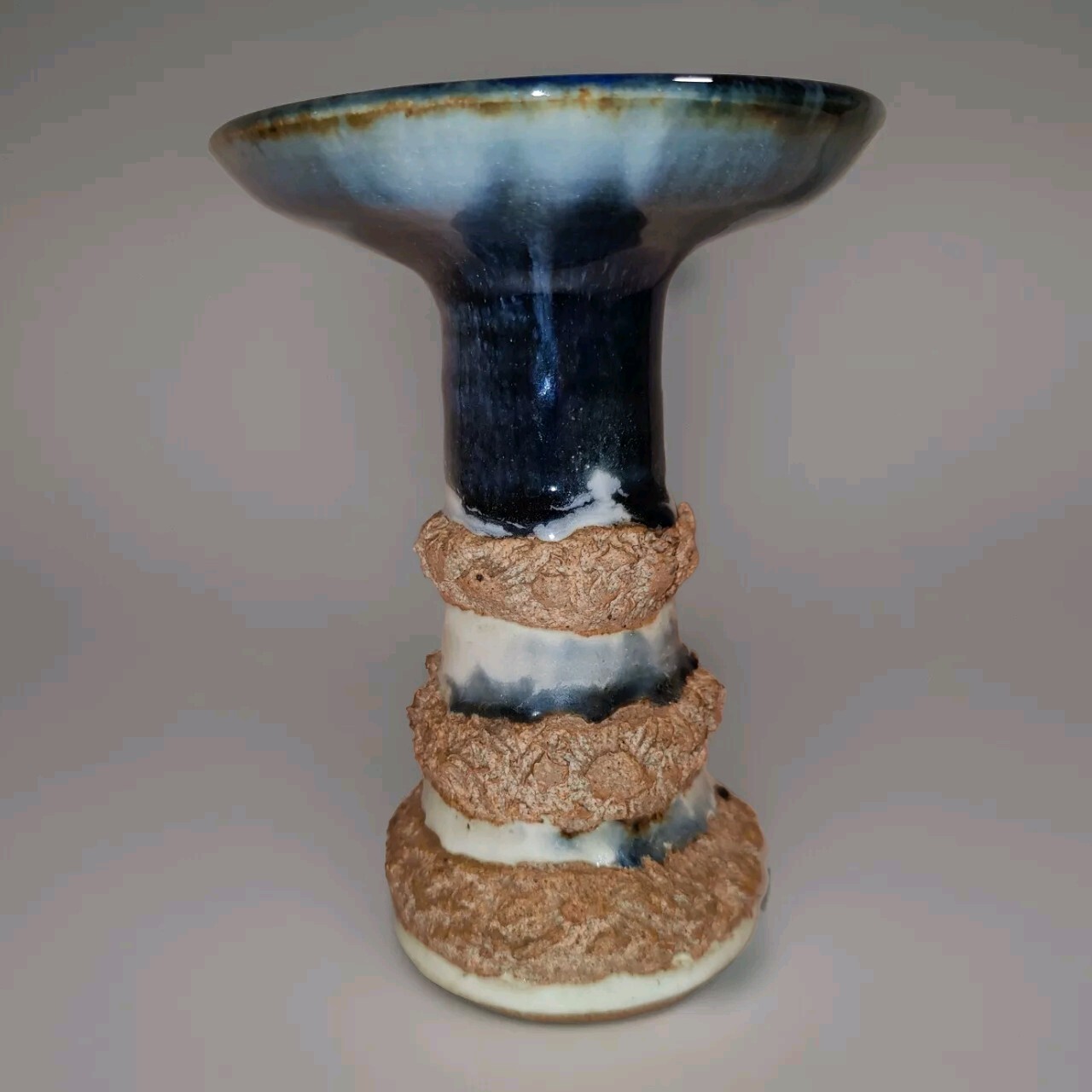 Studio Pottery Pillar Candle Holder Blue Drip Applied 3D Design Coastal Marked