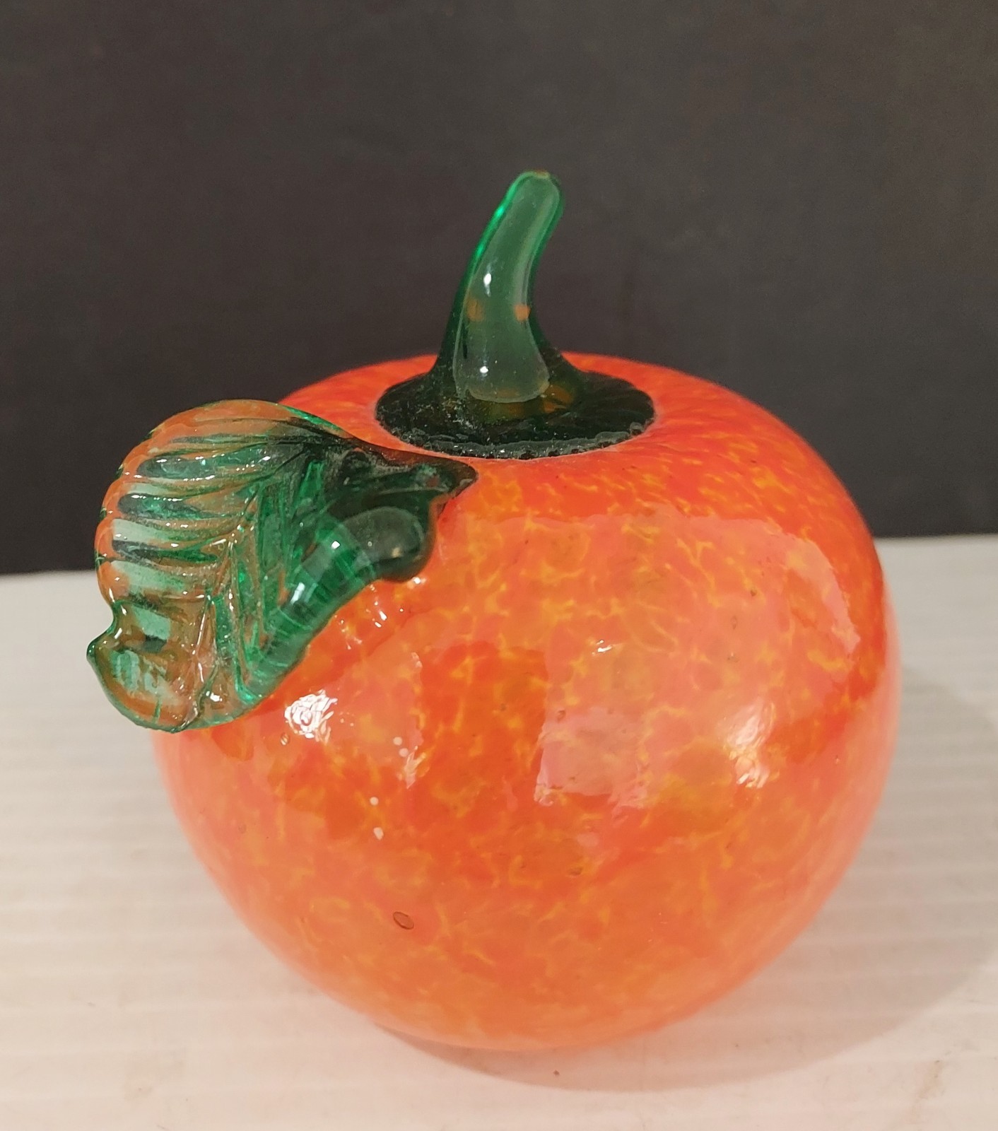 Glass Orange Fruit Hand Blown Art Glass Paperweight Green Stem Vintage