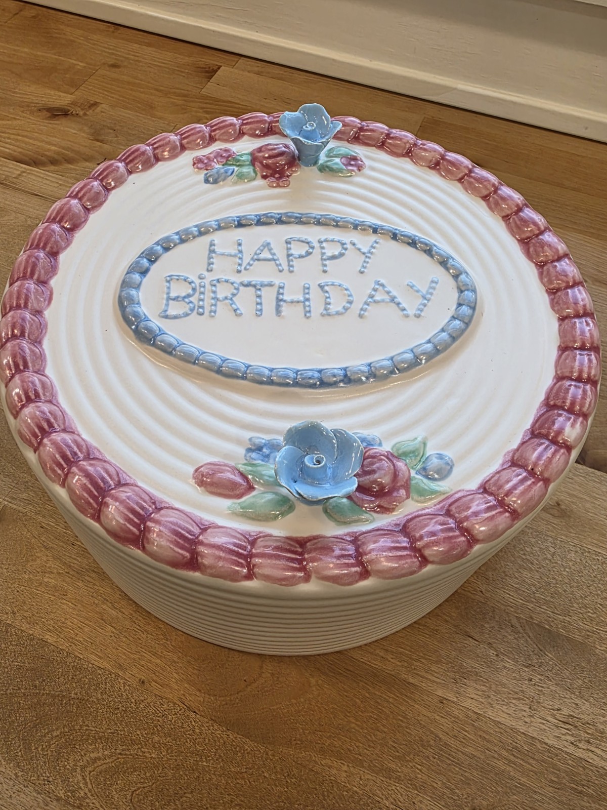 Vintage Ceramic Happy Birthday Fake Cake Hand Painted Made in Portugal