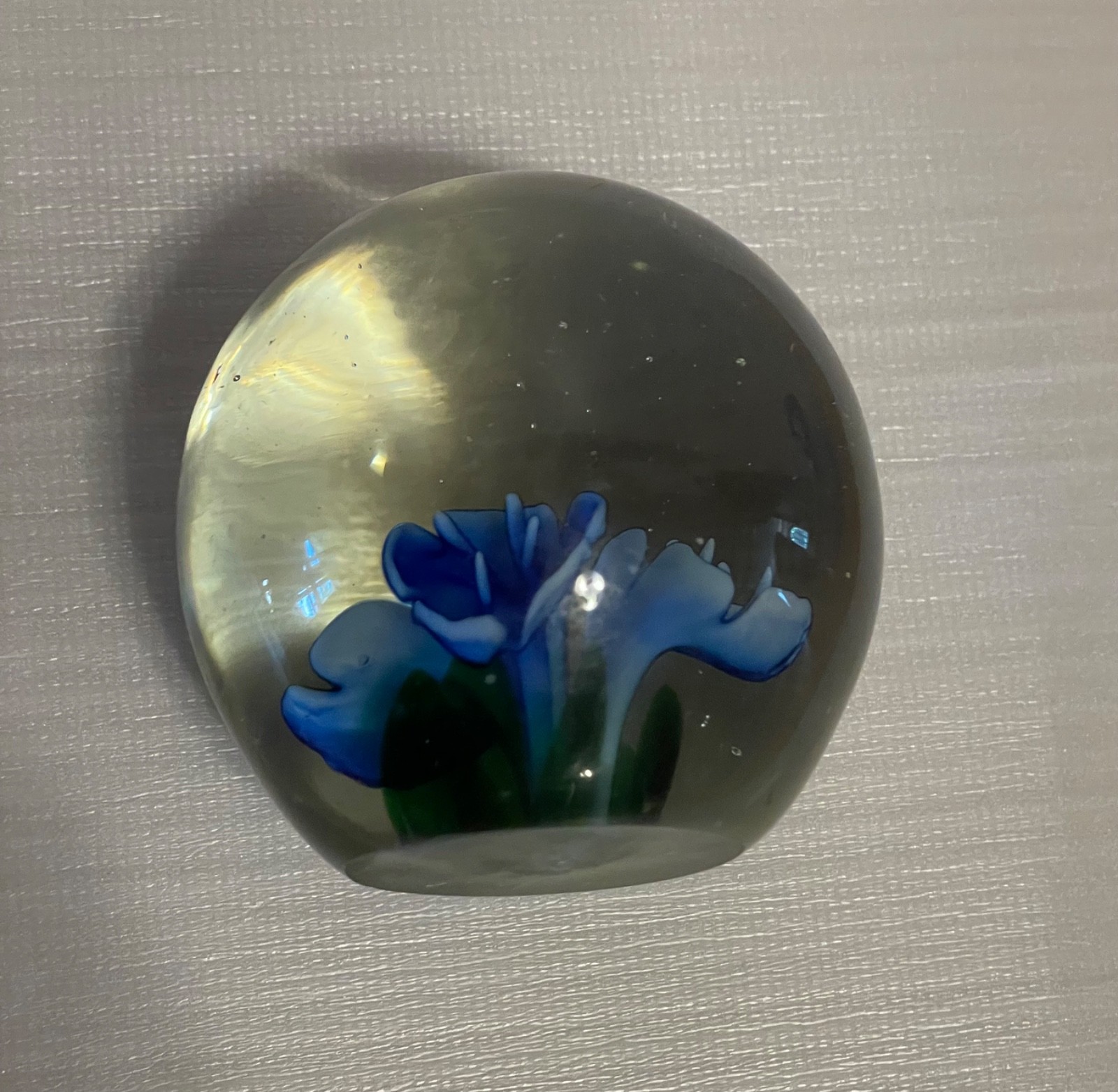Art Glass Paperweight with Blue Flower Encased in Clear Glass – 3” Vintage