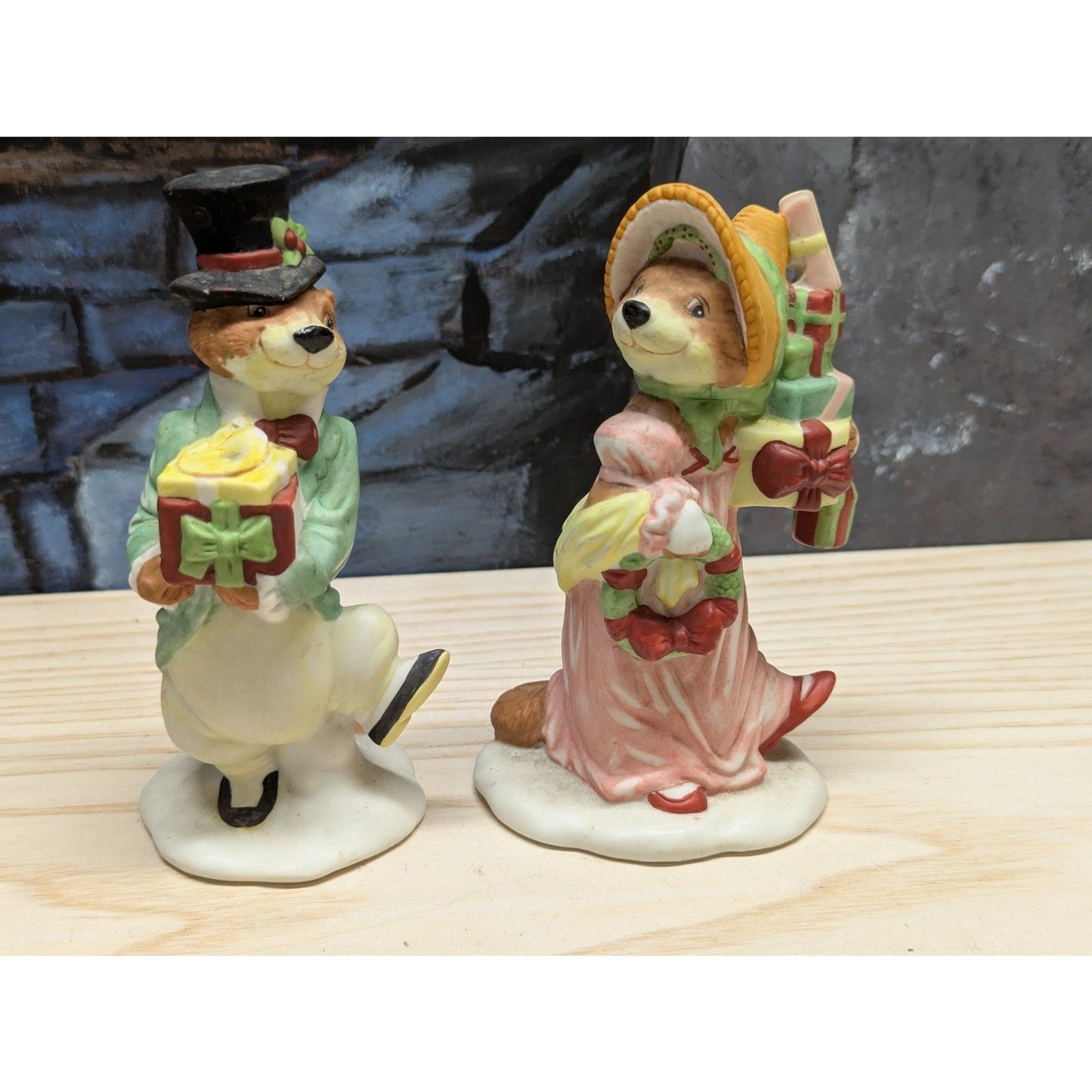 Vintage Enesco 2 Jane Chambless Christmas Carol Weasel Figurines Porcelain