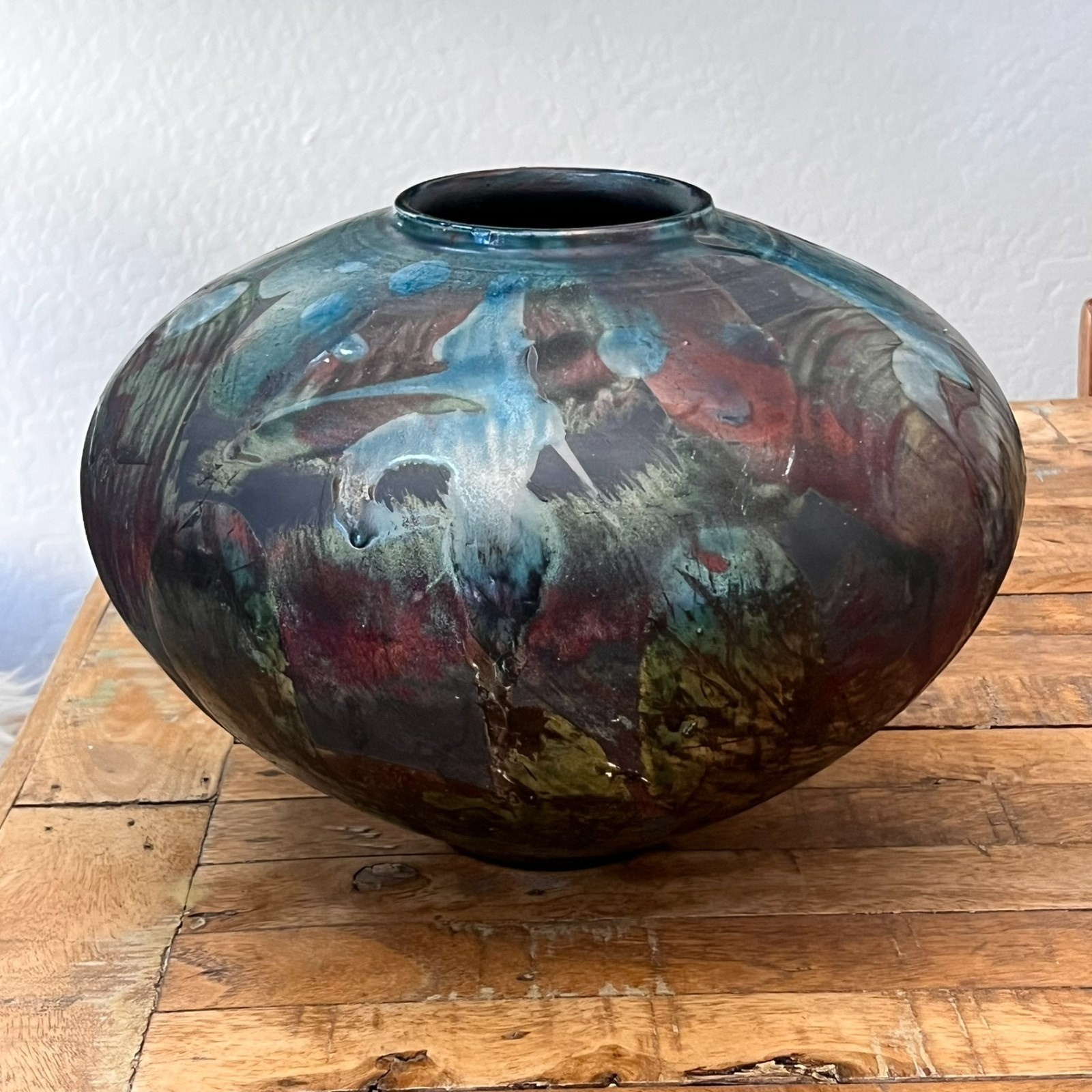 Vintage Globe Abstract Vase Metallic Raku Handcrafted 11″ Artist Signed