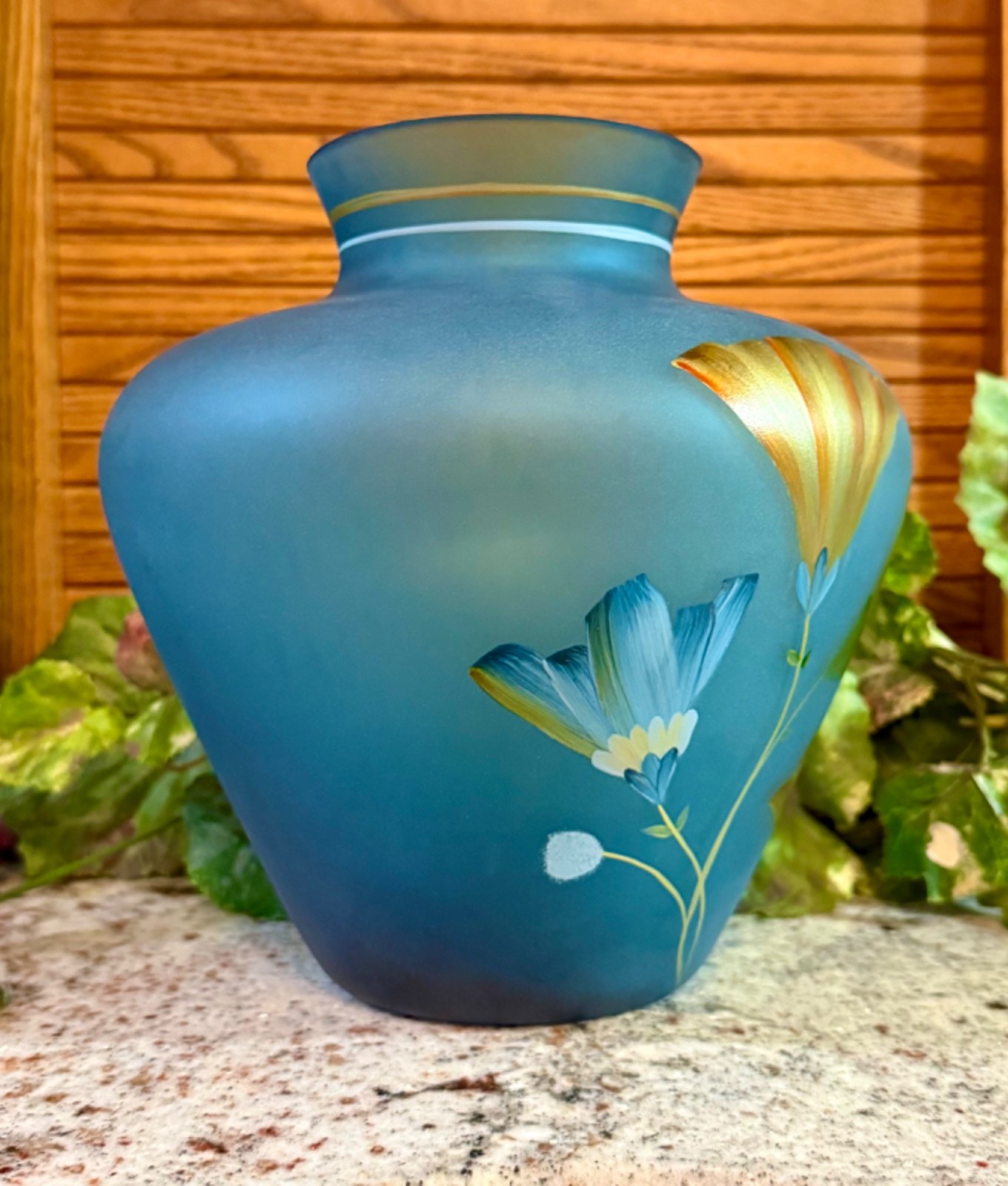 Horizon Collection Fenton** “GINKO” ON INDIGO BLUE SATIN 8″ VASE**Limited…2009