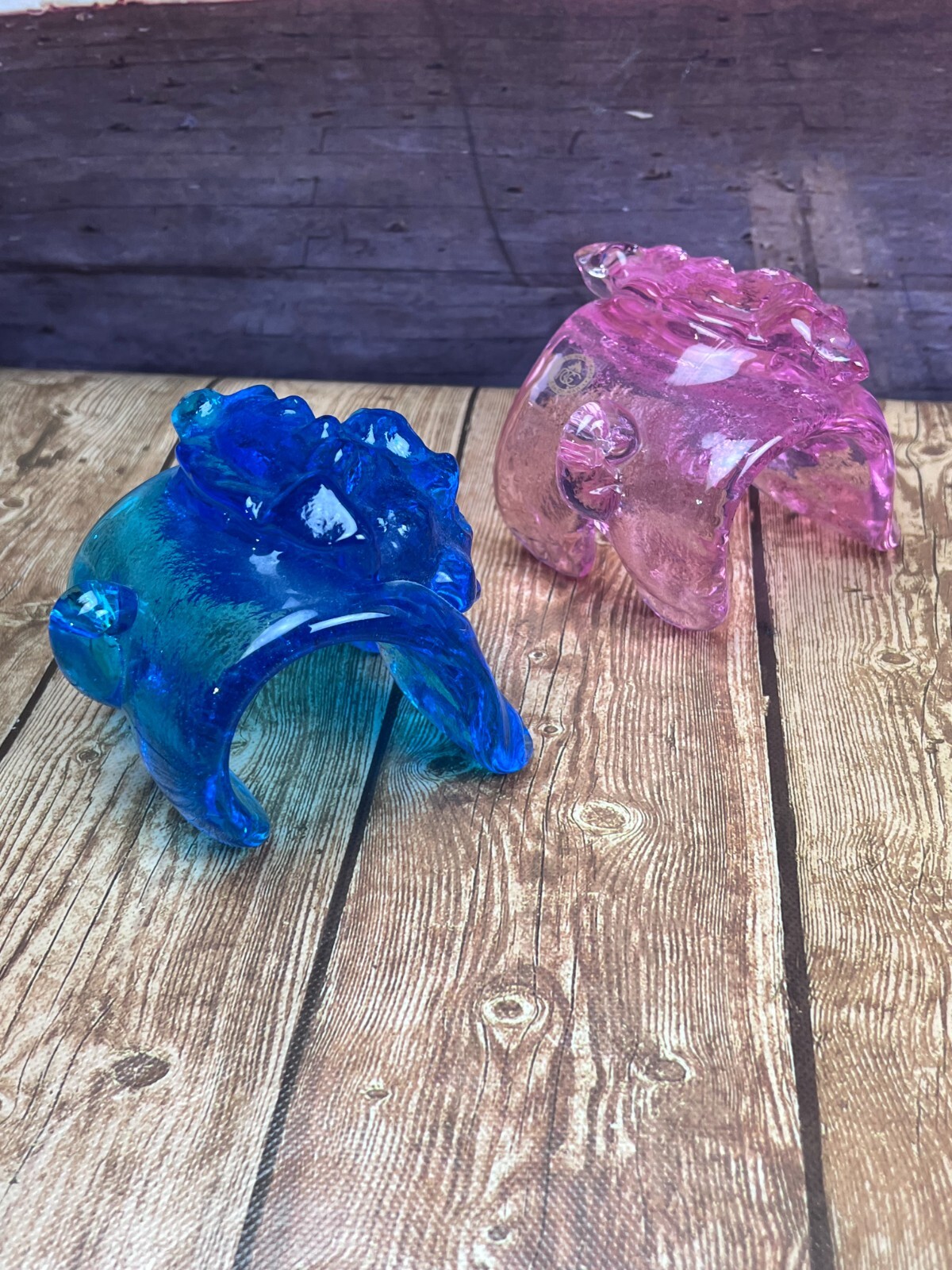Blue and Pink Foo Dog Okinawa Art Glass Japan Decorative Collectible