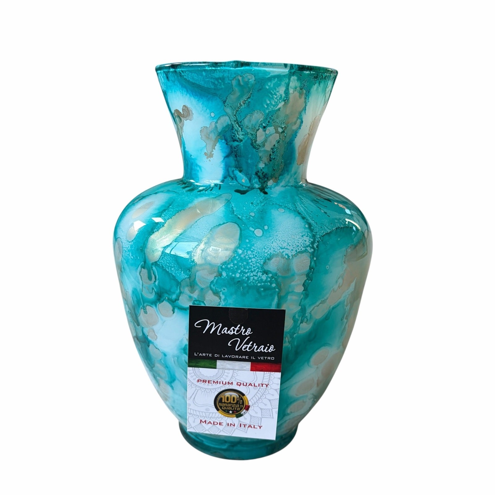 Italian Murano Turquoise Watercolor Art Glass Vase 10.5in Hand Blown NEW