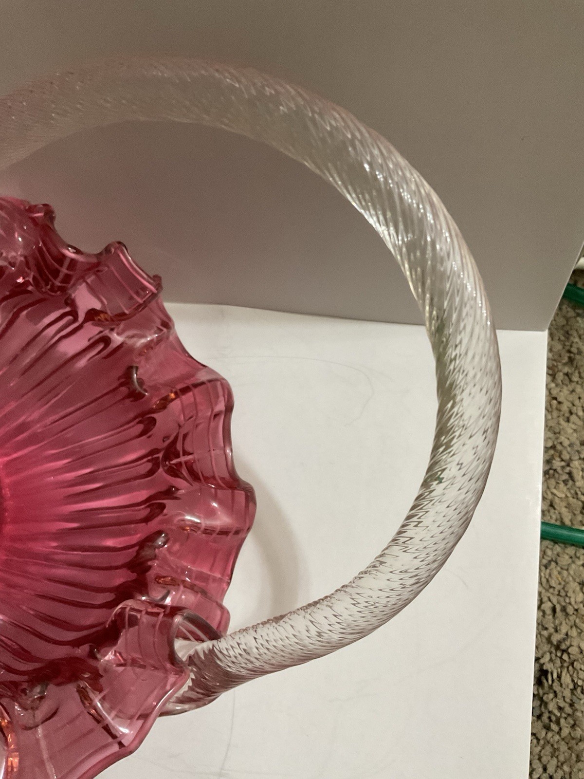 Fenton Cranberry Glass Overlay Ruffled Basket with Handle 1950 Ribbed Art Glass