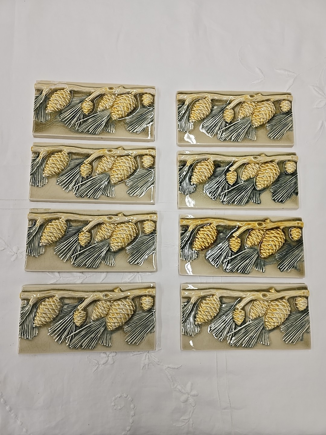 Pratt & Larson Pinecone & Branch Lot of 8 Tiles 4×8″, See Pics, Minor Chips