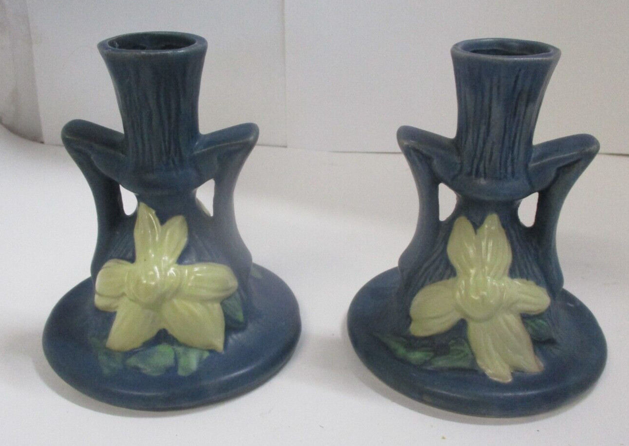 2 Repro Roseville Blue Clematis Candle Sticks Holders