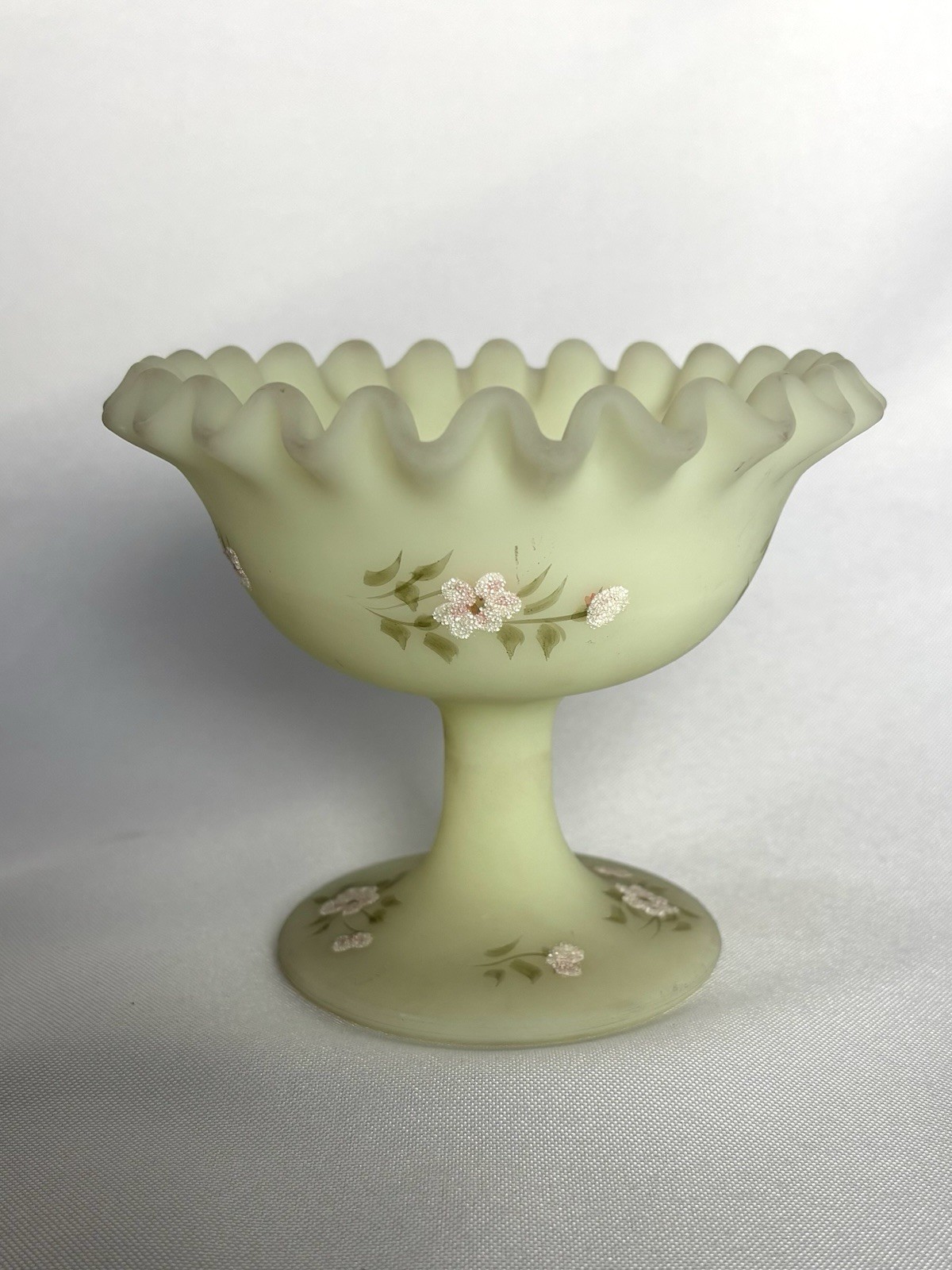 Signed URANIUM Fenton Satin Custard Glass Compote Ruffled Edge & Pink Flowers