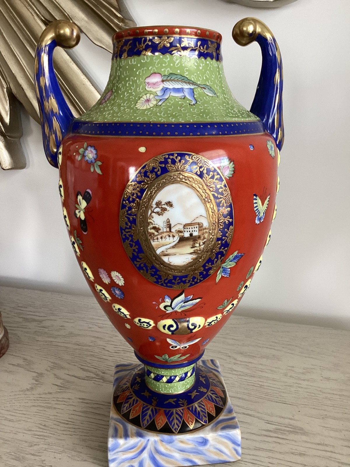 Chelsea House Neoclassical Urn Cachepot Blue Red Green Gold Porcelain Vase