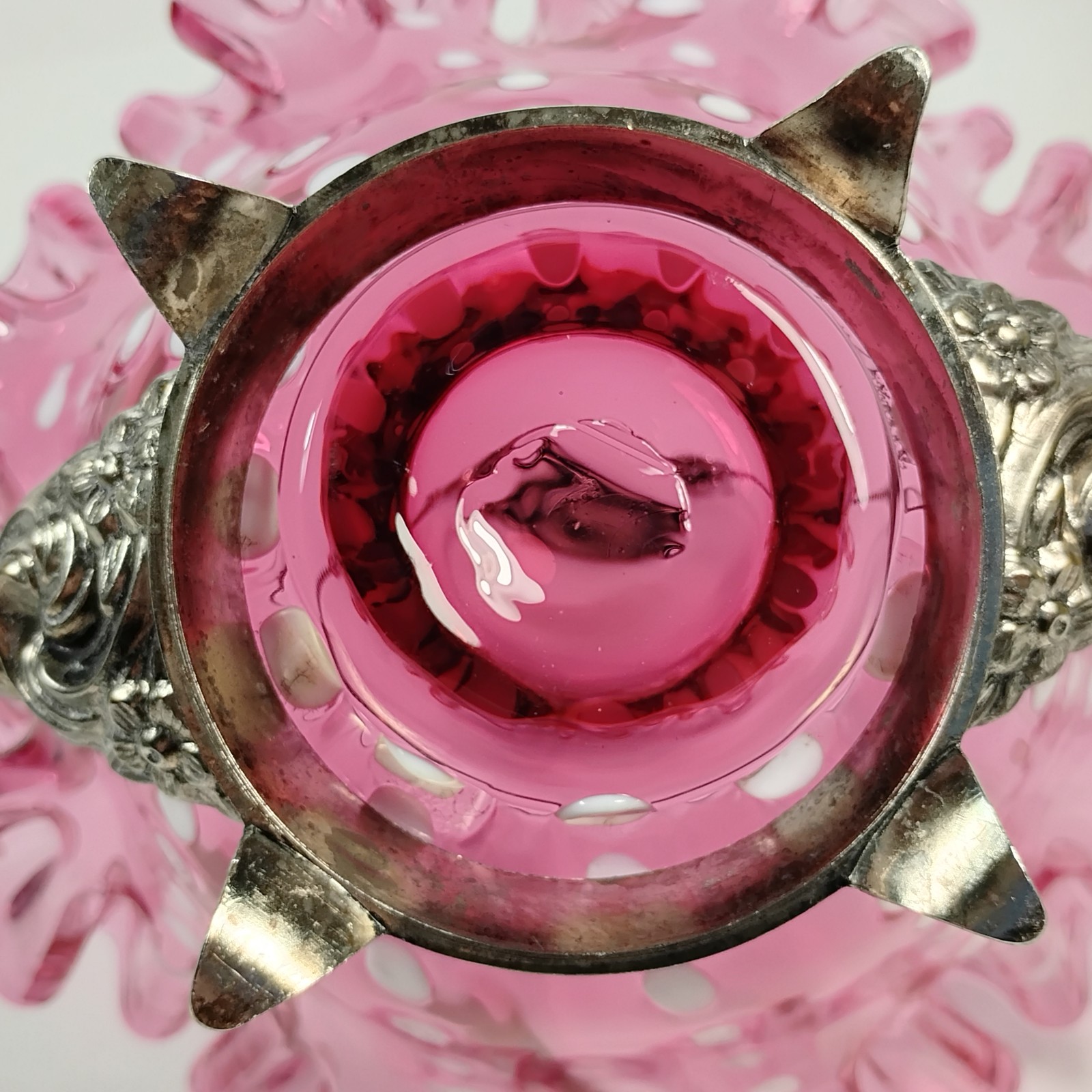 Cranberry Opalescent Polka Dot Blown Glass Basket Silver Plate Holder Ruffled