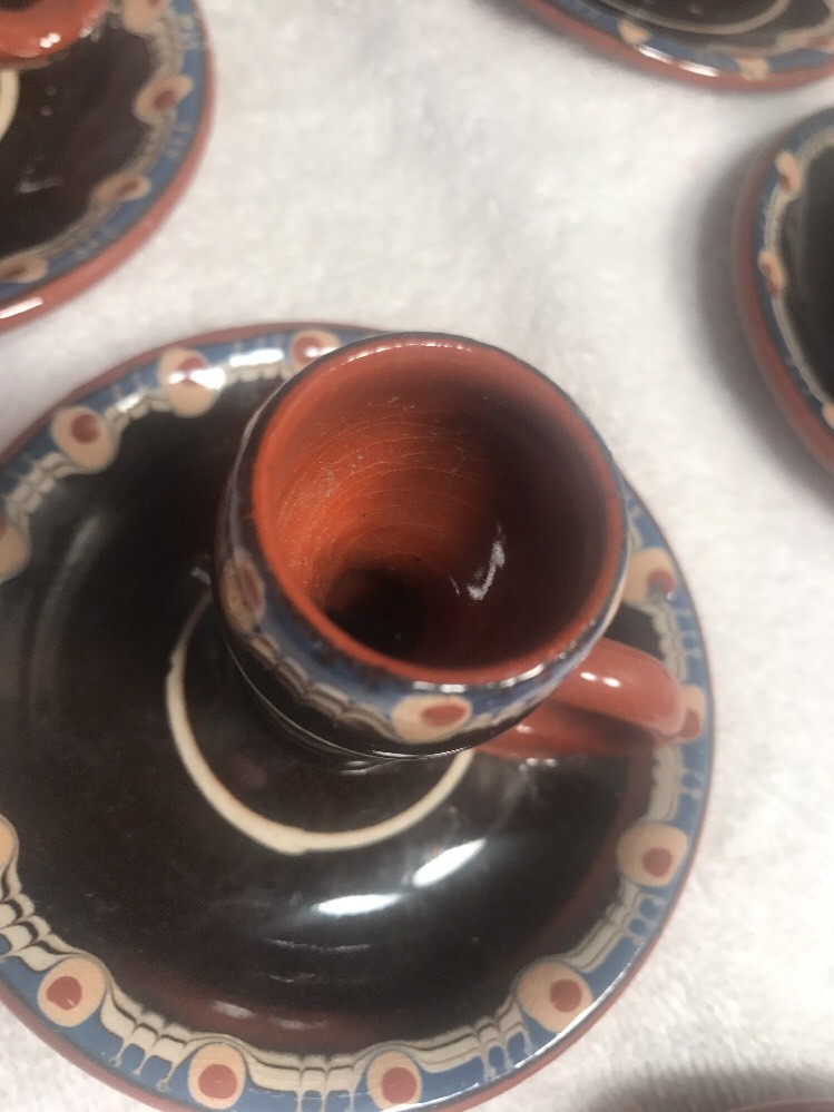 Bulgarian Pottery 2 Candle Holders Dark Brown Blue Terracotta Peacock Eyes Monks