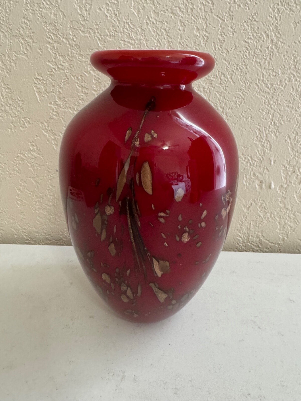 Blown Art Glass Red Vase w/ Gold / Copper Speckles
