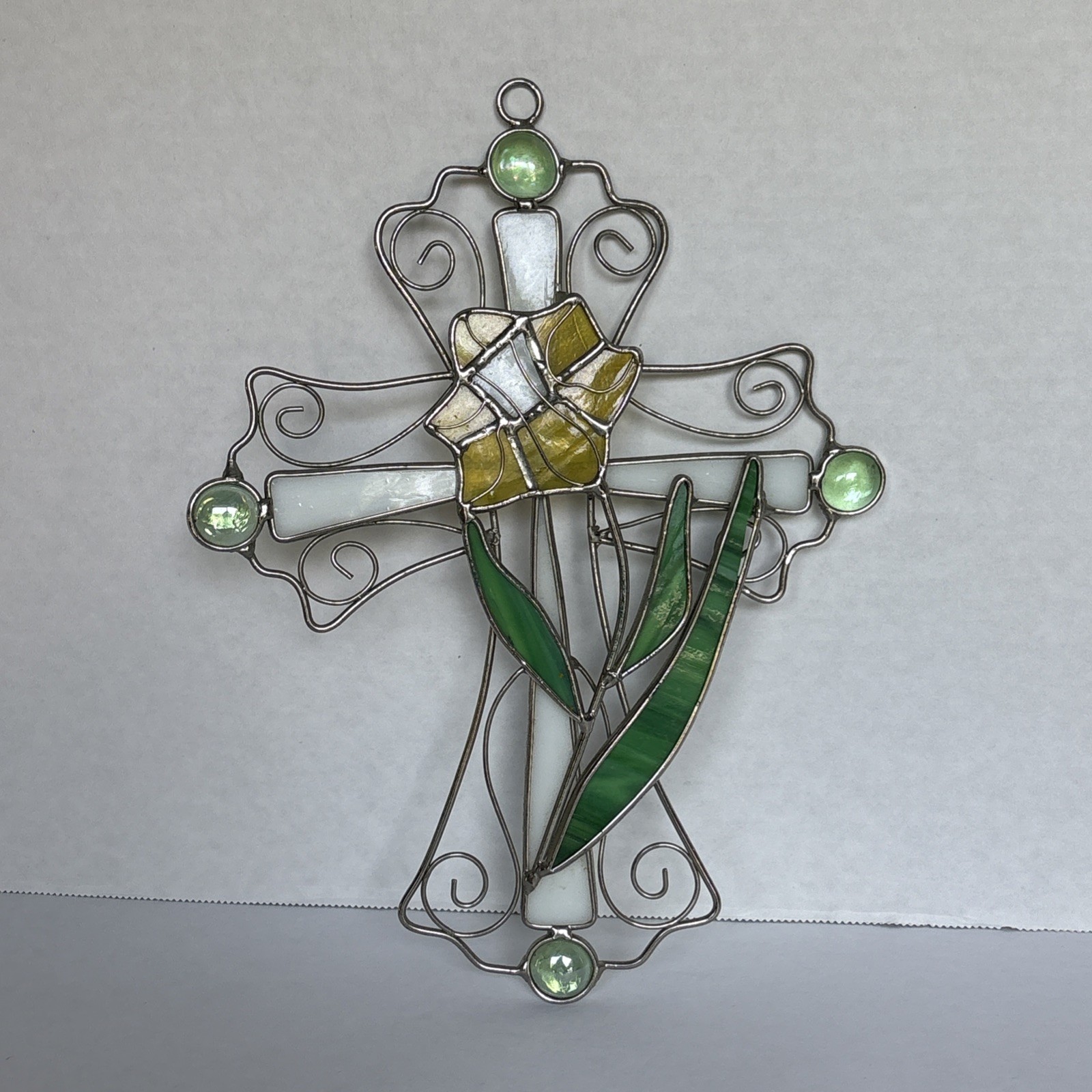 Stained Glass Blue Cross Suncatcher Daffodil Decorative 10”