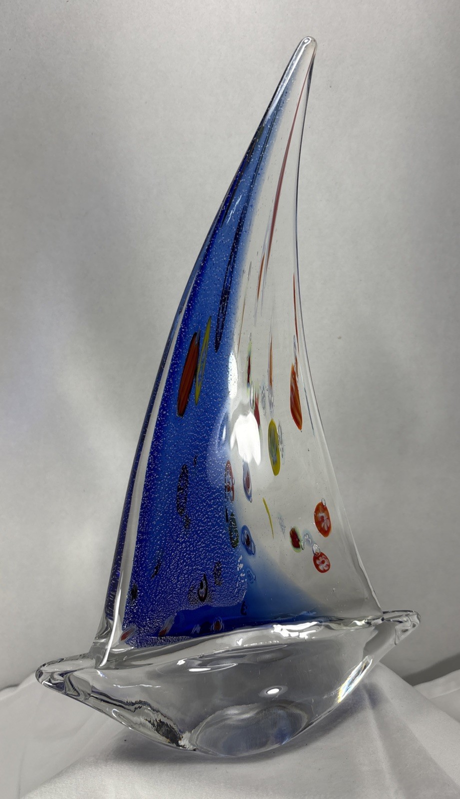 Murano Style Hand Blown Milifiori Art Glass Sail Boat Multi Colored 11.75” Tall