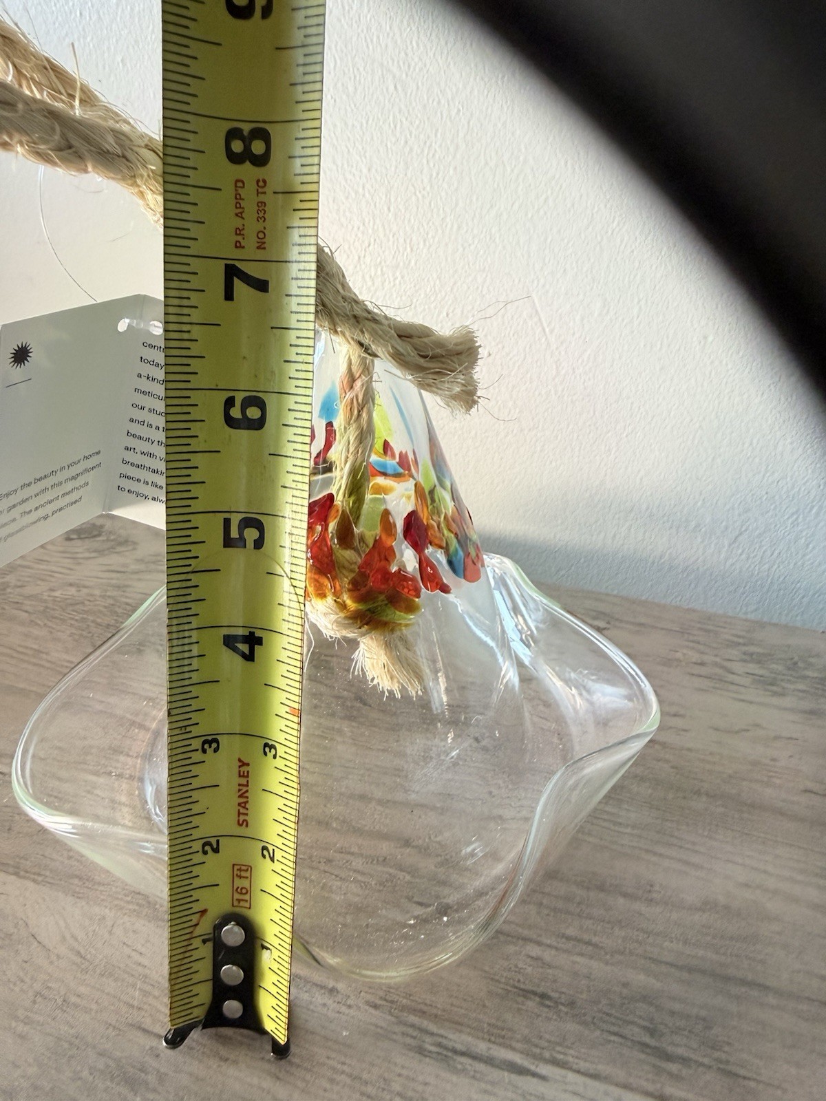 Hand Blown Art Glass Bell Ornament Clear Multicolor Swirls Ruffled Edge Rope