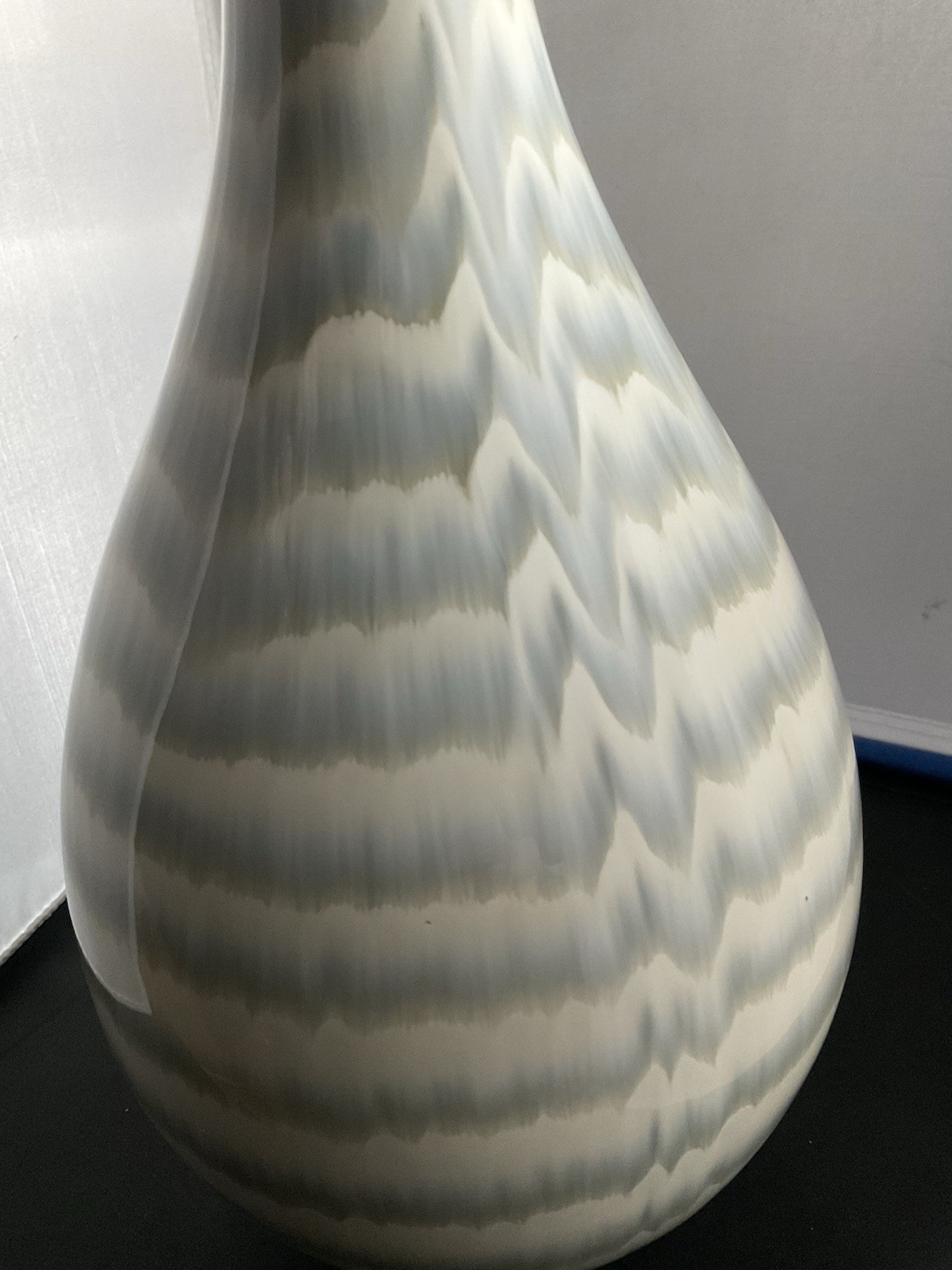 Large Handmade Signed Vase Cream Blue Green Abstract 16” X 8” Ceramic Glossy