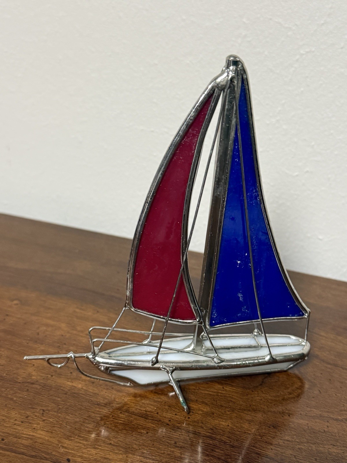 Stained Glass Sailboat Red, White, Blue 6” Standing Sailboat Figure Vintage