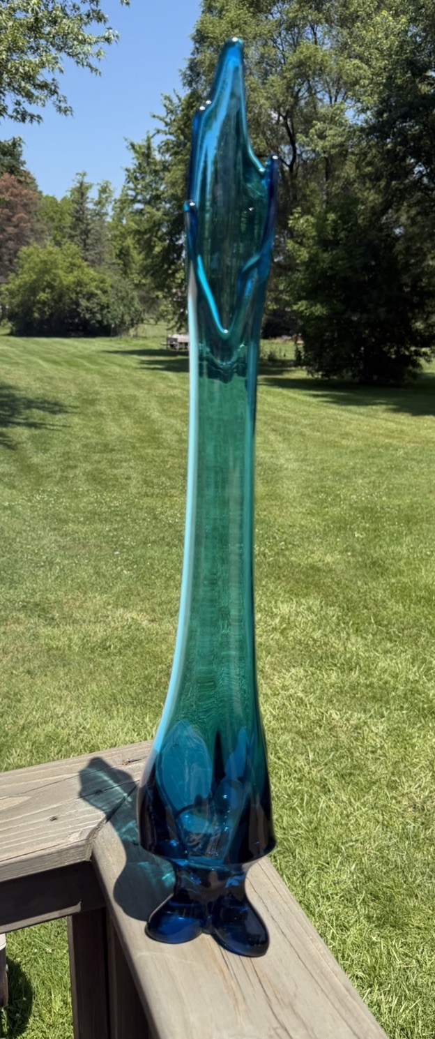 RARE Viking Epic Bluenique Swung Vase Tall 3-Toe Pedestal MCM Art Glass 24.75 In
